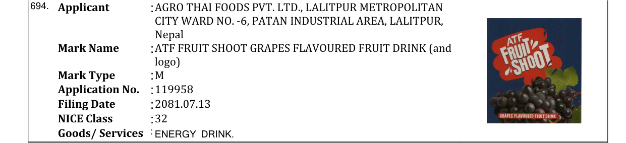 Original bulletin entry for ATF FRUIT SHOOT GRAPES FLAVOURED FRUIT DRINK (and logo)