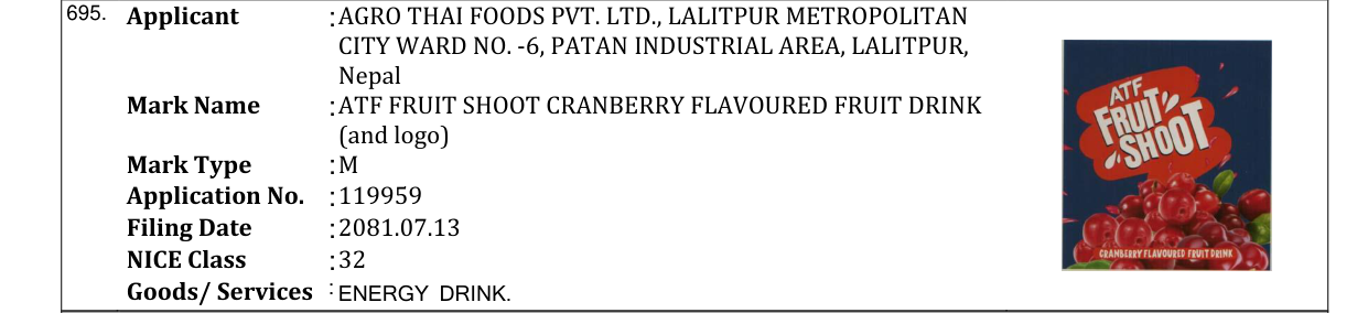 Original bulletin entry for ATF FRUIT SHOOT CRANBERRY FLAVOURED FRUIT DRINK (and logo)
