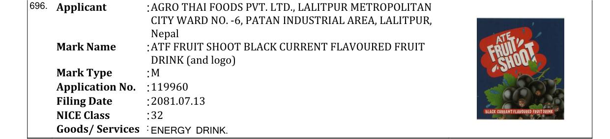 Original bulletin entry for ATF FRUIT SHOOT BLACK CURRENT FLAVOURED FRUIT DRINK (and logo)