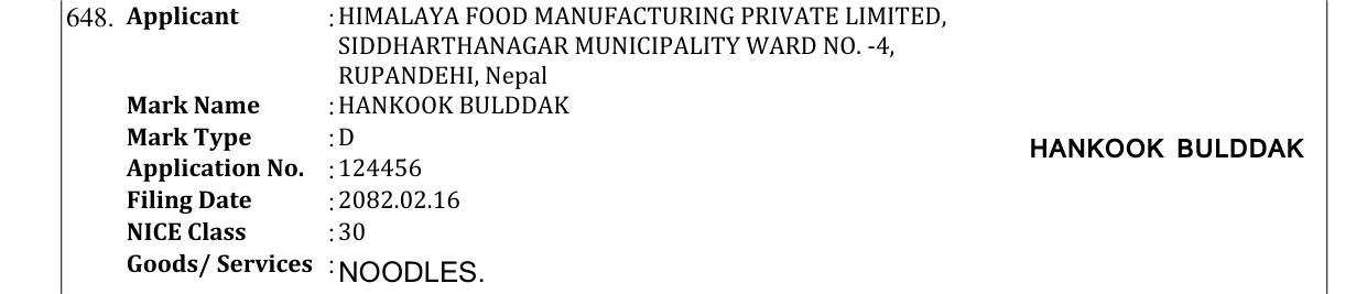 Original bulletin entry for HANKOOK BULDDAK