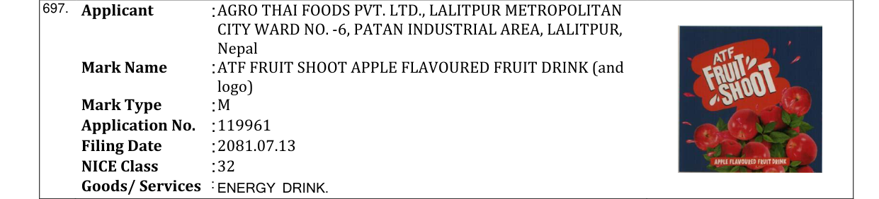 Original bulletin entry for ATF FRUIT SHOOT APPLE FLAVOURED FRUIT DRINK (and logo)