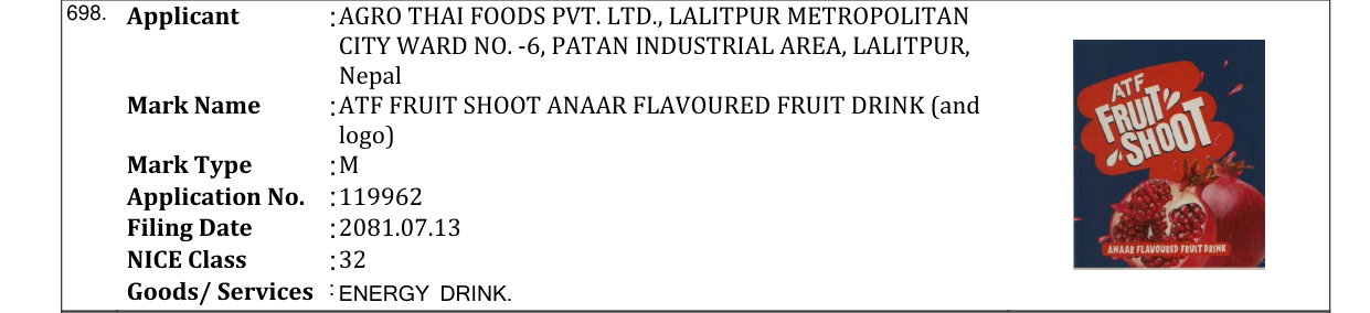 Original bulletin entry for ATF FRUIT SHOOT ANAAR FLAVOURED FRUIT DRINK (and logo)