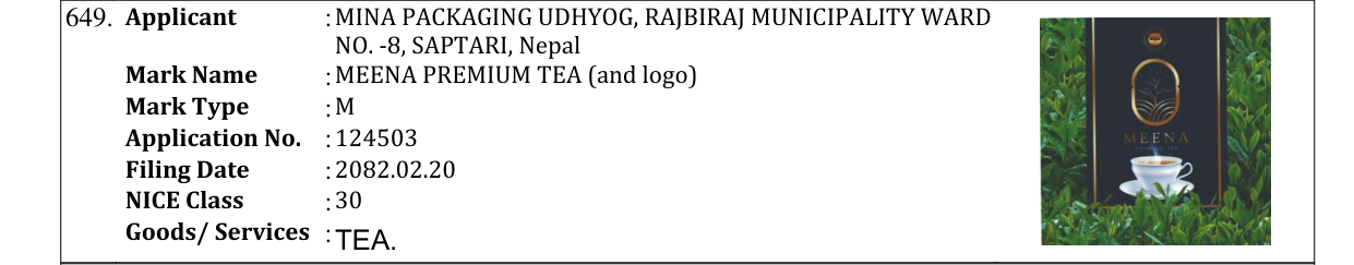 Original bulletin entry for MEENA PREMIUM TEA (and logo)