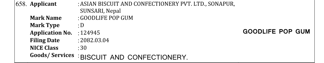 Original bulletin entry for GOODLIFE POP GUM