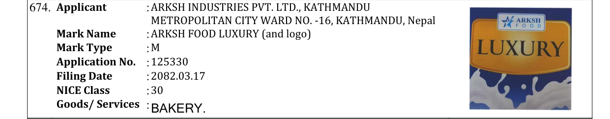 Original bulletin entry for ARKSH FOOD LUXURY (and logo)