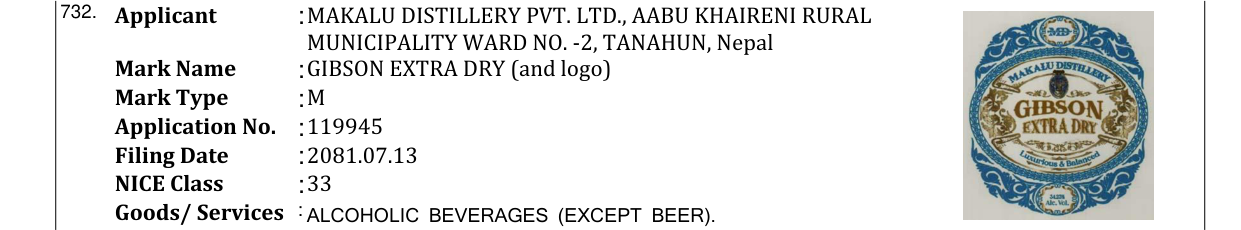 Original bulletin entry for GIBSON EXTRA DRY (and logo)