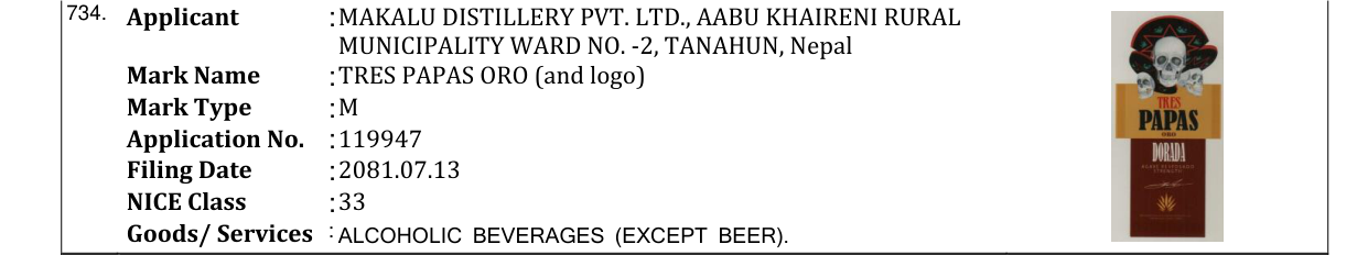 Original bulletin entry for TRES PAPAS ORO (and logo)
