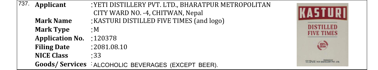 Original bulletin entry for KASTURI DISTILLED FIVE TIMES (and logo)