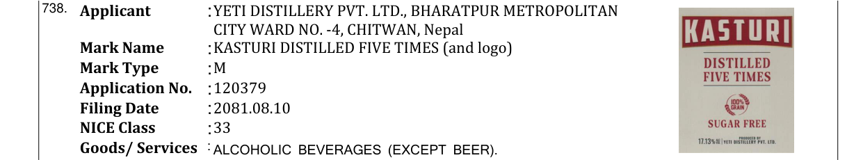 Original bulletin entry for KASTURI DISTILLED FIVE TIMES (and logo)