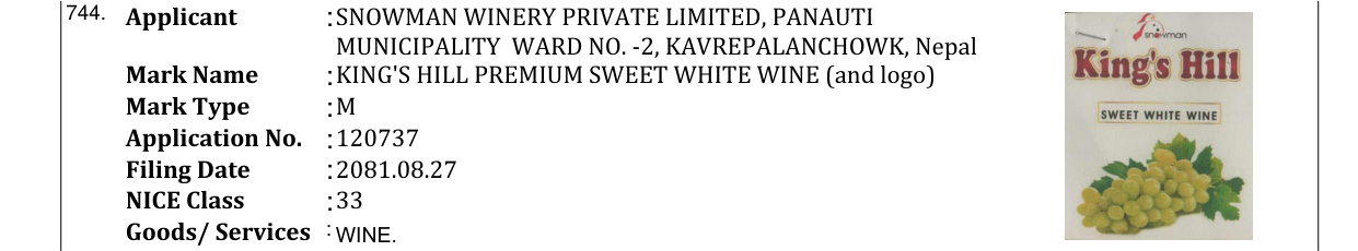 Original bulletin entry for KING'S HILL PREMIUM SWEET WHITE WINE (and logo)