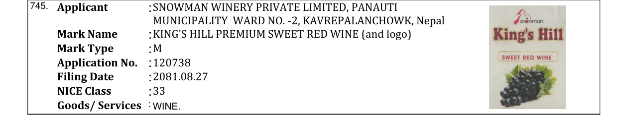 Original bulletin entry for KING'S HILL PREMIUM SWEET RED WINE (and logo)