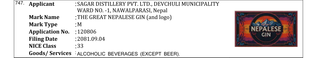 Original bulletin entry for THE GREAT NEPALESE GIN (and logo)