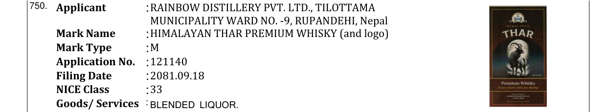 Original bulletin entry for HIMALAYAN THAR PREMIUM WHISKY (and logo)