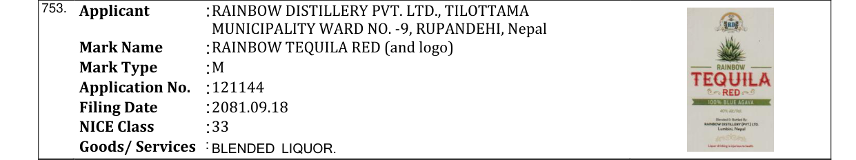 Original bulletin entry for RAINBOW TEQUILA RED (and logo)