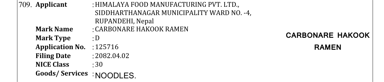 Original bulletin entry for CARBONARE HAKOOK RAMEN