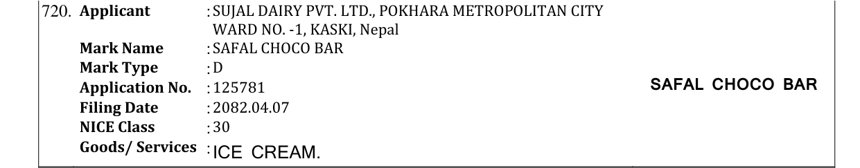 Original bulletin entry for SAFAL CHOCO BAR