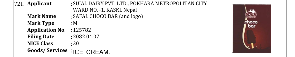 Original bulletin entry for SAFAL CHOCO BAR (and logo)
