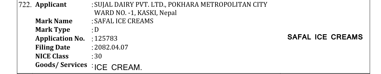 Original bulletin entry for SAFAL ICE CREAMS