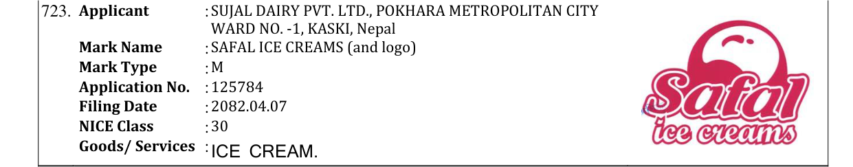 Original bulletin entry for SAFAL ICE CREAMS (and logo)