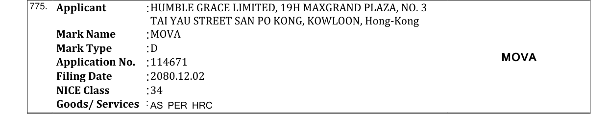 Original bulletin entry for MOVA