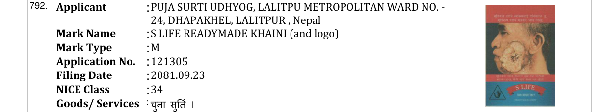 Original bulletin entry for S LIFE READYMADE KHAINI (and logo)