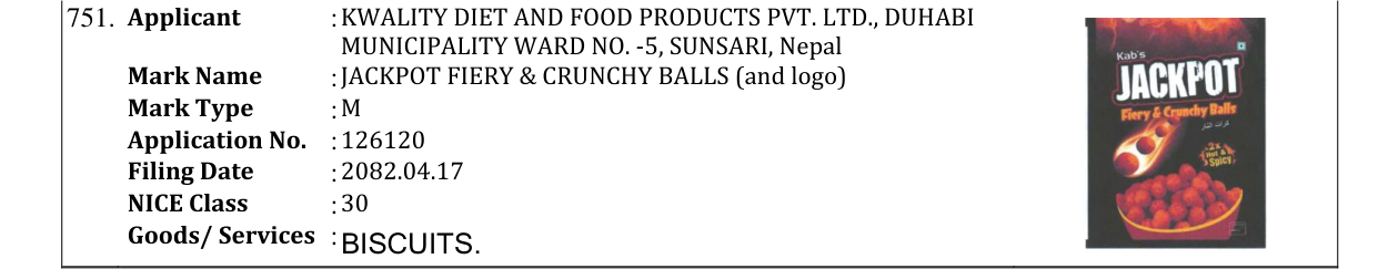 Original bulletin entry for JACKPOT FIERY & CRUNCHY BALLS (and logo)