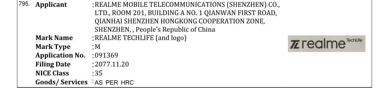Original bulletin entry for REALME TECHLIFE (and logo)