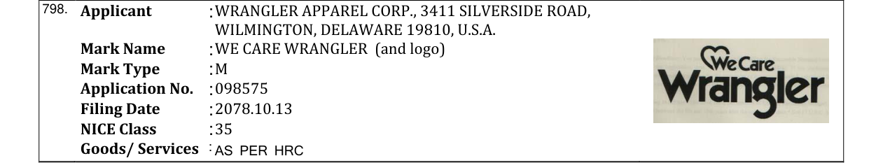 Original bulletin entry for WE CARE WRANGLER (and logo)