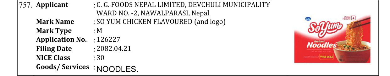 Original bulletin entry for SO YUM CHICKEN FLAVOURED (and logo)