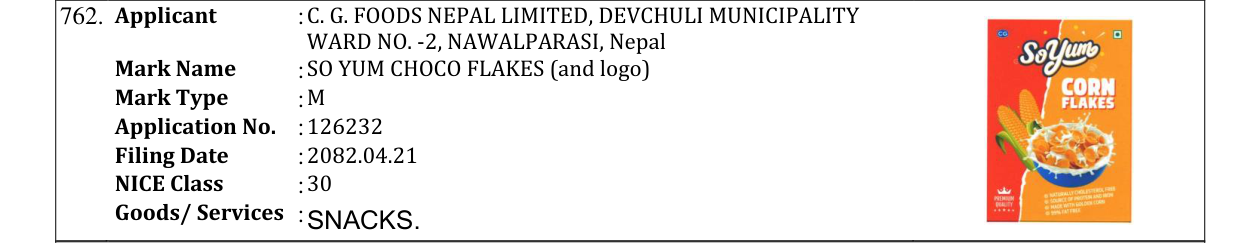 Original bulletin entry for SO YUM CHOCO FLAKES (and logo)