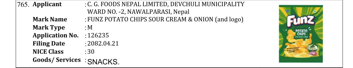 Original bulletin entry for FUNZ POTATO CHIPS SOUR CREAM & ONION (and logo)