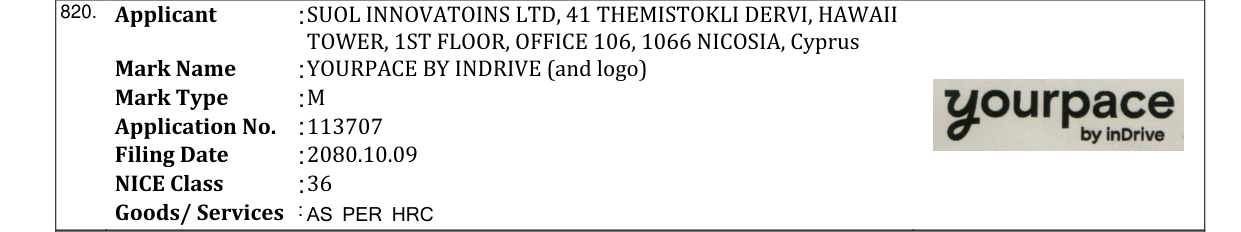 Original bulletin entry for YOURPACE BY INDRIVE (and logo)