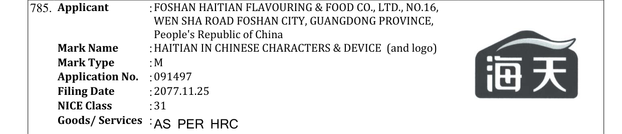 Original bulletin entry for HAITIAN IN CHINESE CHARACTERS & DEVICE (and logo)