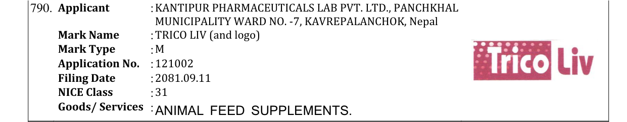 Original bulletin entry for TRICO LIV (and logo)