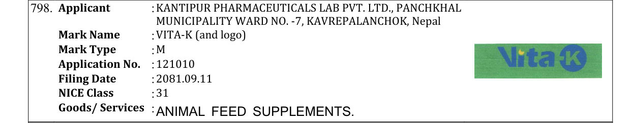 Original bulletin entry for VITA-K (and logo)