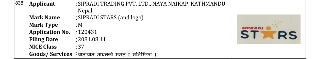 Original bulletin entry for SIPRADI STARS (and logo)