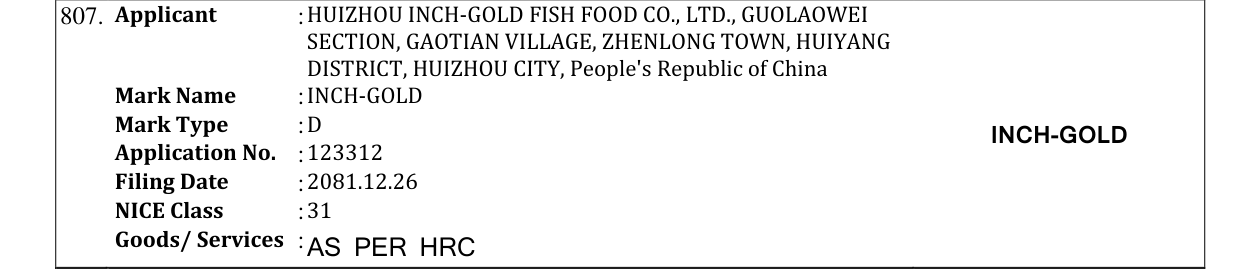 Original bulletin entry for INCH-GOLD