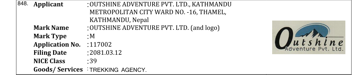 Original bulletin entry for OUTSHINE ADVENTURE PVT. LTD. (and logo)