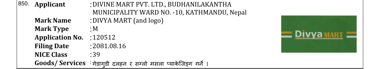 Original bulletin entry for DIVYA MART (and logo)