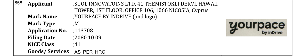 Original bulletin entry for YOURPACE BY INDRIVE (and logo)