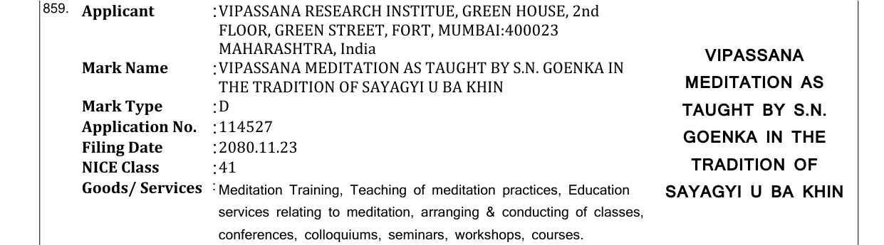 Original bulletin entry for VIPASSANA MEDITATION AS TAUGHT BY S.N. GOENKA IN THE TRADITION OF SAYAGYI U BA KHIN MEDITATION AS