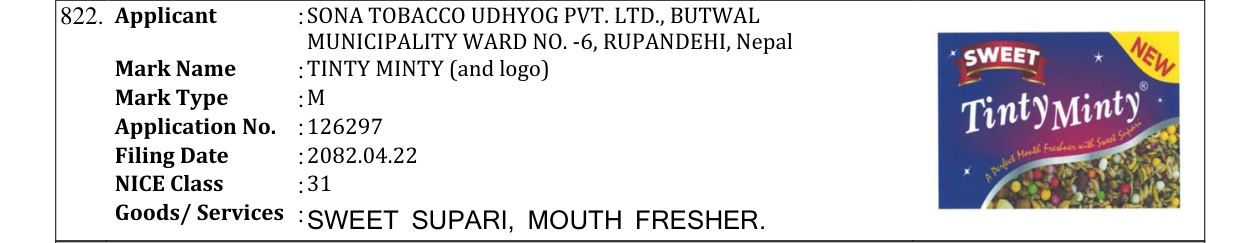 Original bulletin entry for TINTY MINTY (and logo)