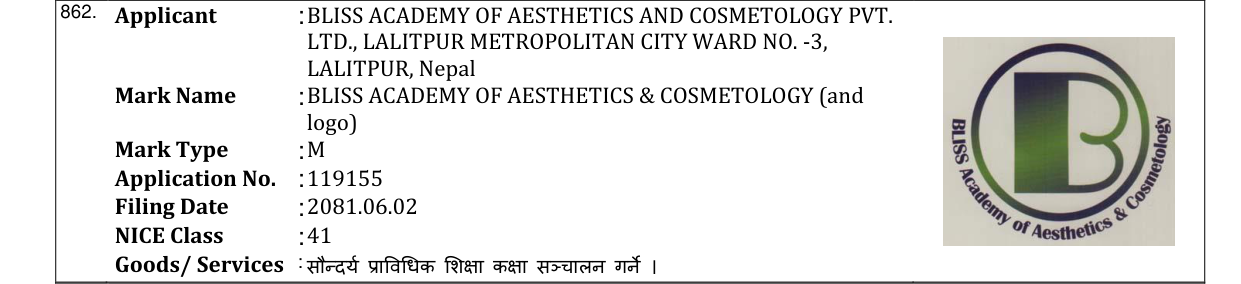 Original bulletin entry for BLISS ACADEMY OF AESTHETICS & COSMETOLOGY (and logo)