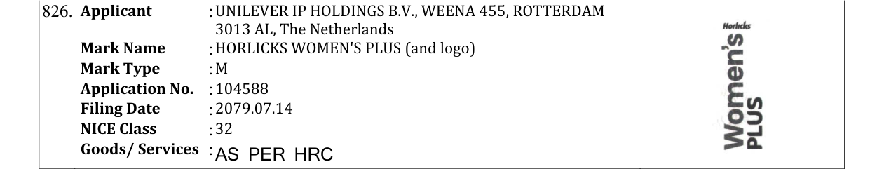 Original bulletin entry for HORLICKS WOMEN'S PLUS (and logo)