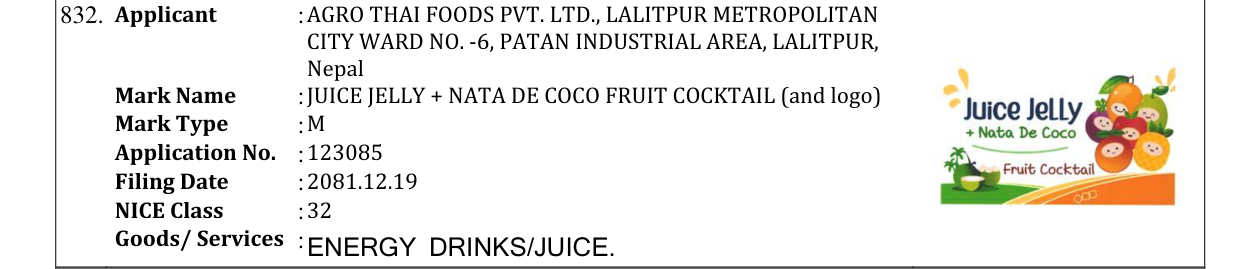 Original bulletin entry for JUICE JELLY + NATA DE COCO FRUIT COCKTAIL (and logo)