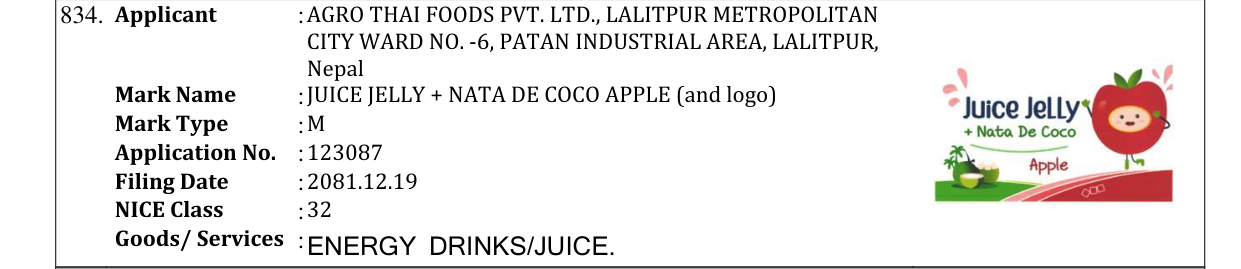 Original bulletin entry for JUICE JELLY + NATA DE COCO APPLE (and logo)