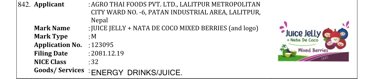 Original bulletin entry for JUICE JELLY + NATA DE COCO MIXED BERRIES (and logo)