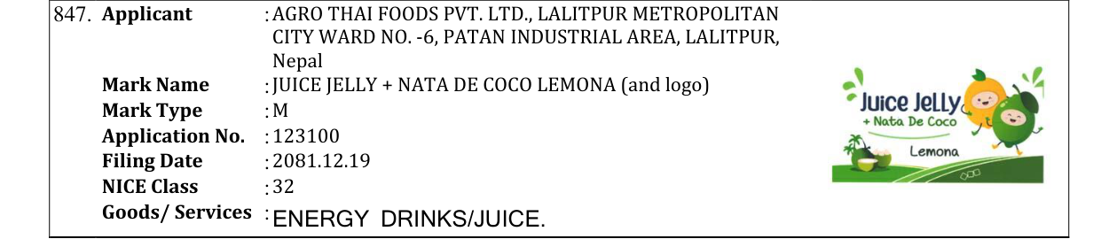 Original bulletin entry for JUICE JELLY + NATA DE COCO LEMONA (and logo)