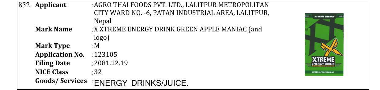Original bulletin entry for X XTREME ENERGY DRINK GREEN APPLE MANIAC (and logo)