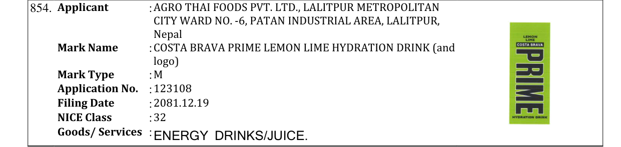 Original bulletin entry for COSTA BRAVA PRIME LEMON LIME HYDRATION DRINK (and logo)
